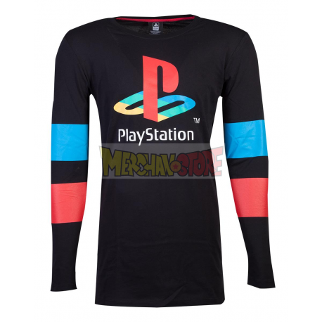 Camiseta adulto manga larga PlayStation logo con rayas en mangas Talla L